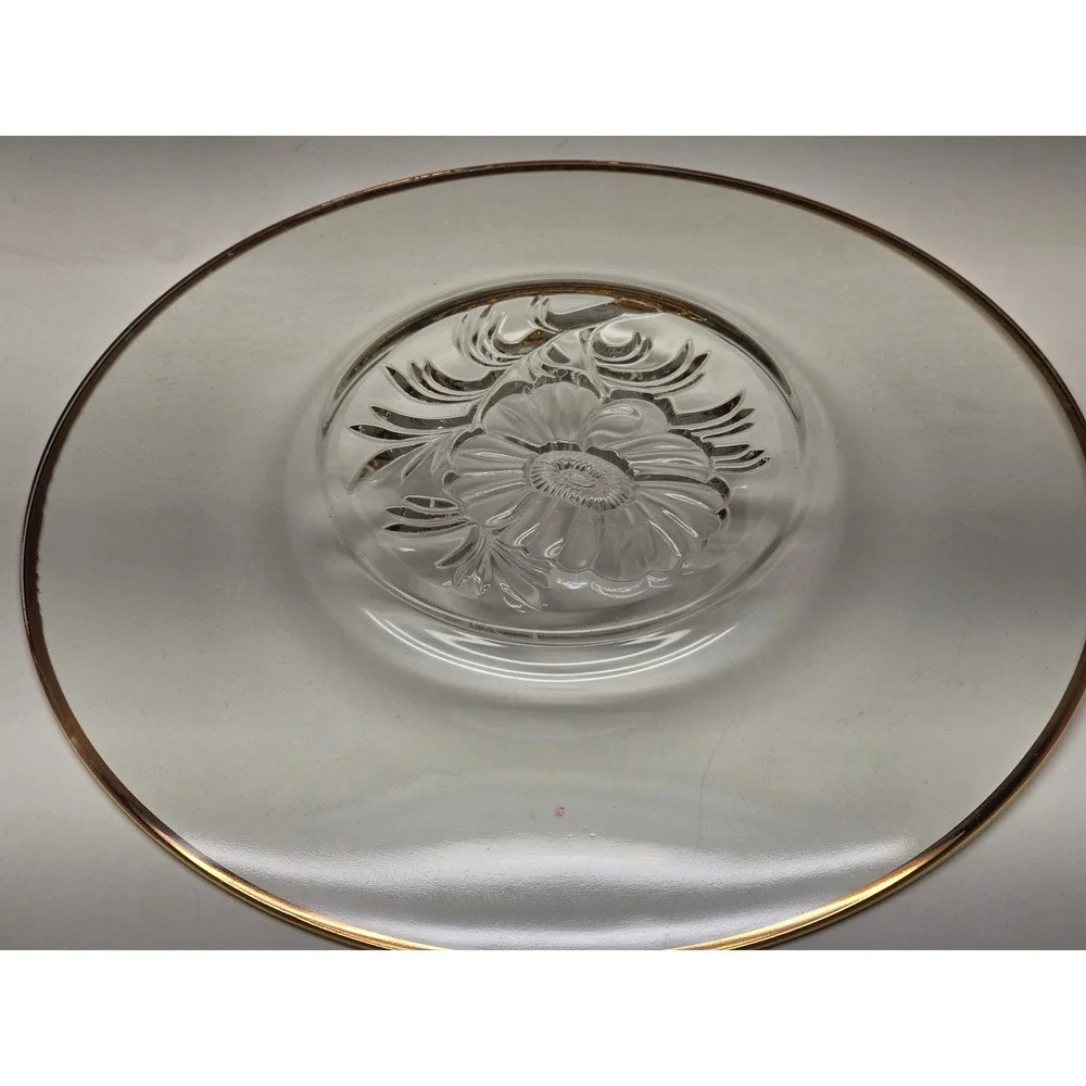 Vintage Clear Glass Cake Plate Gold Rim Embossed‎ Floral Dahlia Platter 13.5in